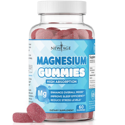 Front view of New Age Magnesium Gummies Raspberry Flavor bottle (60 count)