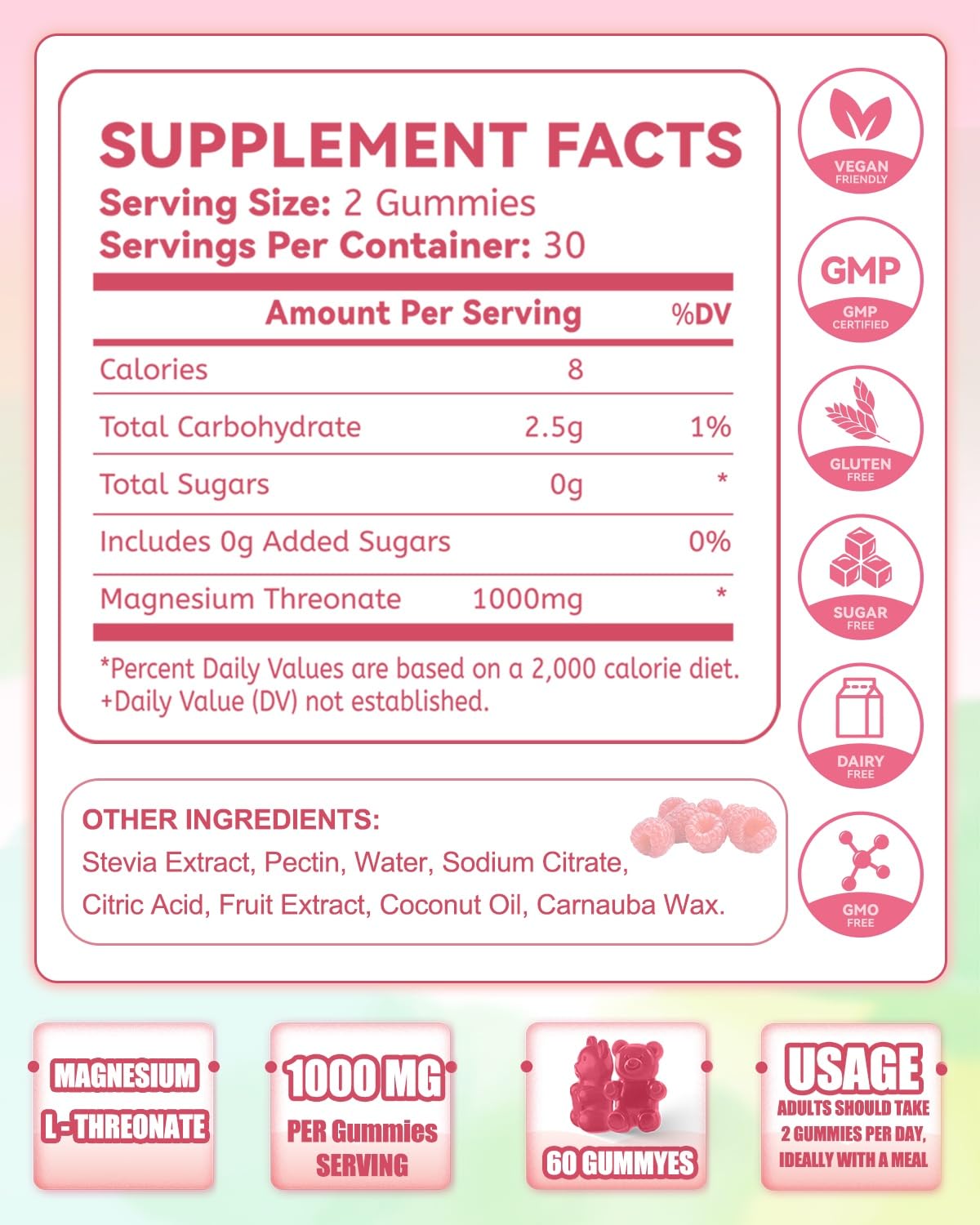 Pack shot of Magnesium L-Threonate Gummies Raspberry 60 count