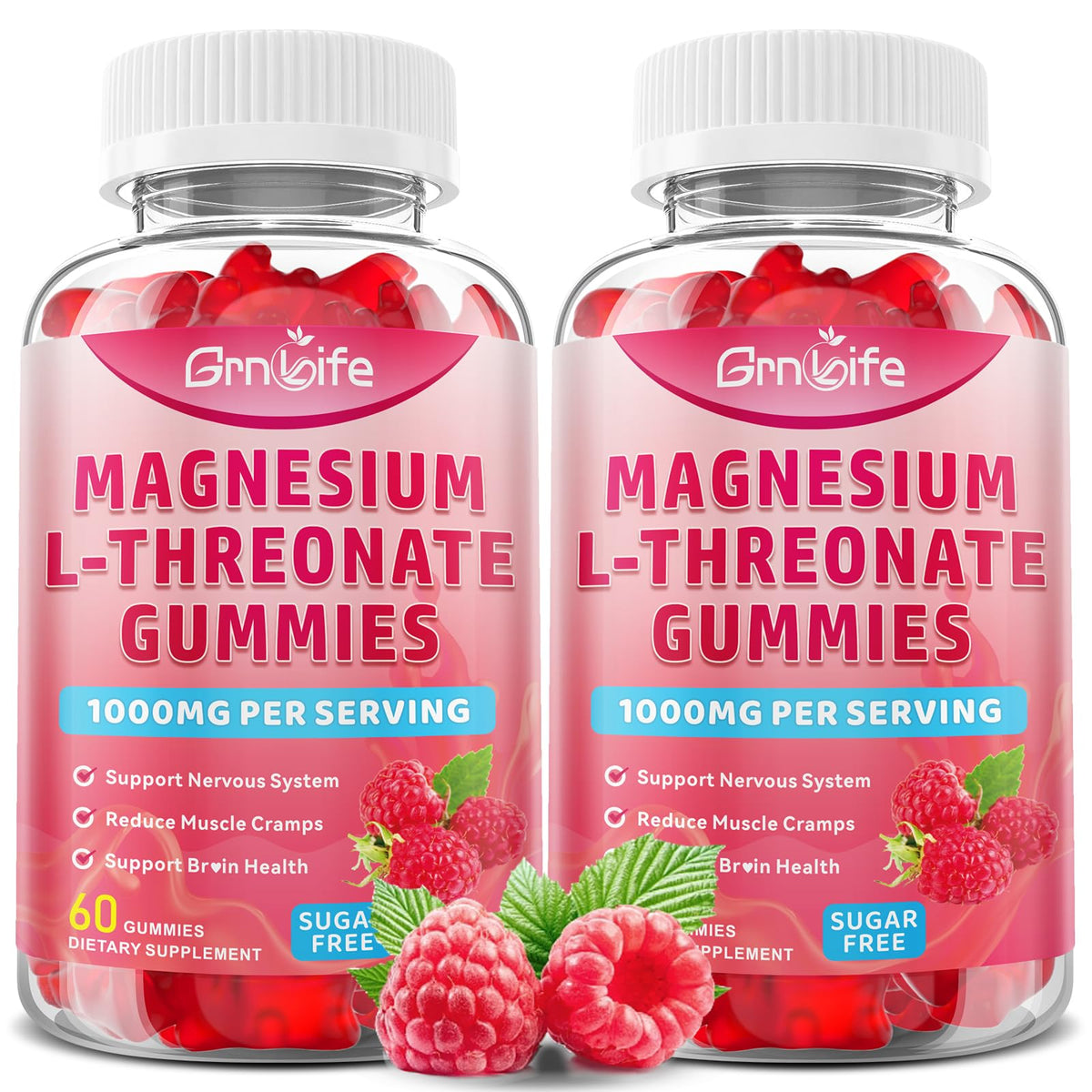 Front view of the 2-pack Magnesium L-Threonate Gummy bottle, raspberry flavor, 120 count