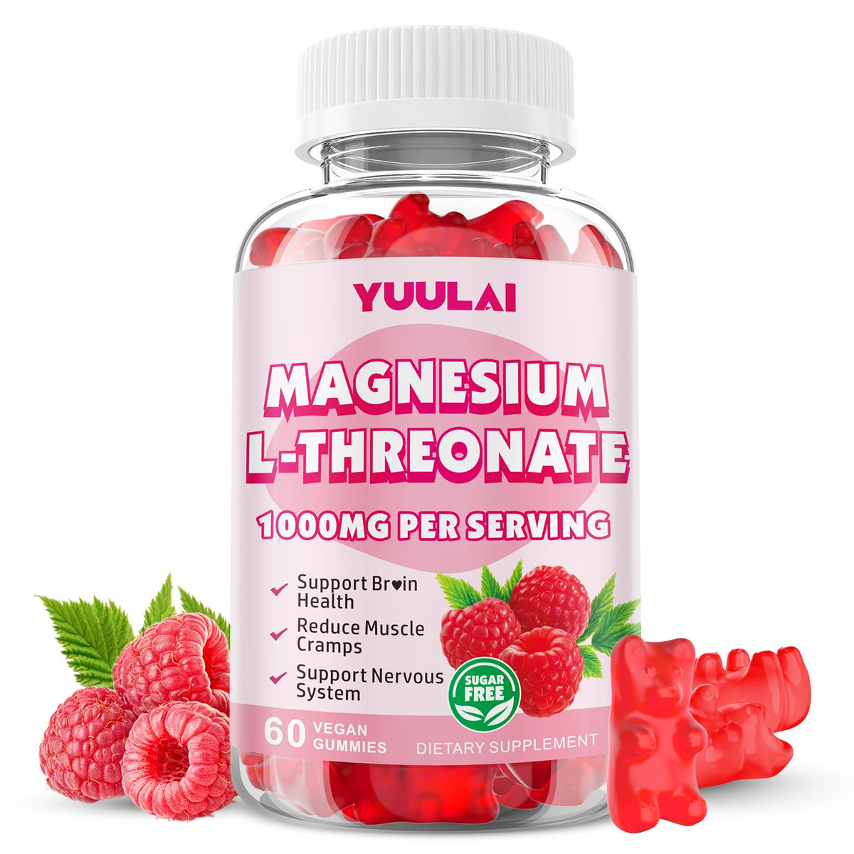 Bottle of Magnesium L-Threonate Gummies Raspberry flavor 60-count