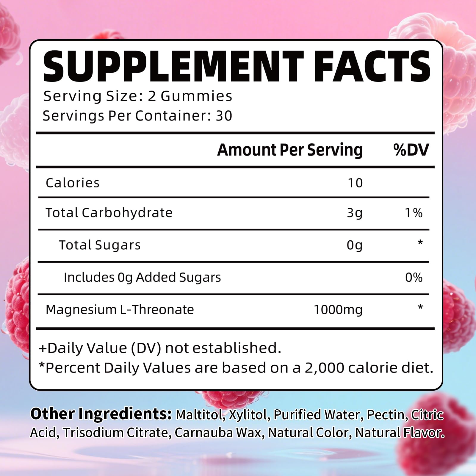 Close-up view of sugar-free Raspberry Magnesium L-Threonate gummies