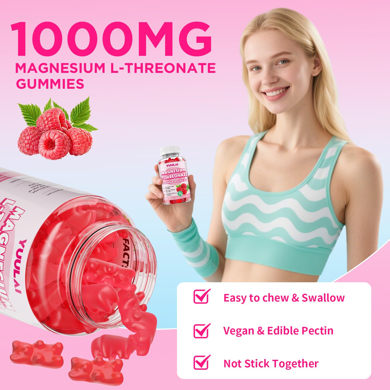 Vegan, gluten-free, sugar-free Magnesium L-Threonate Gummies Raspberry flavor