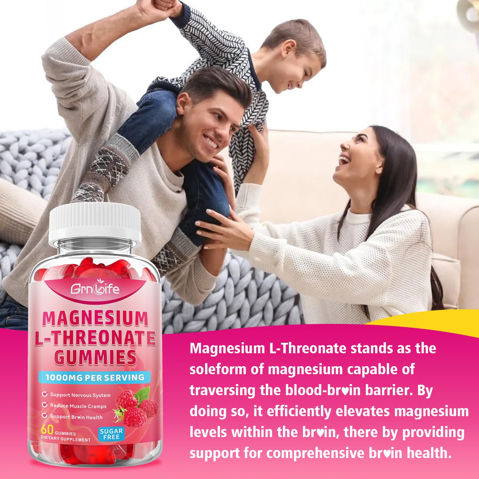 Sugar-free raspberry flavor image for Magnesium L-Threonate Gummies
