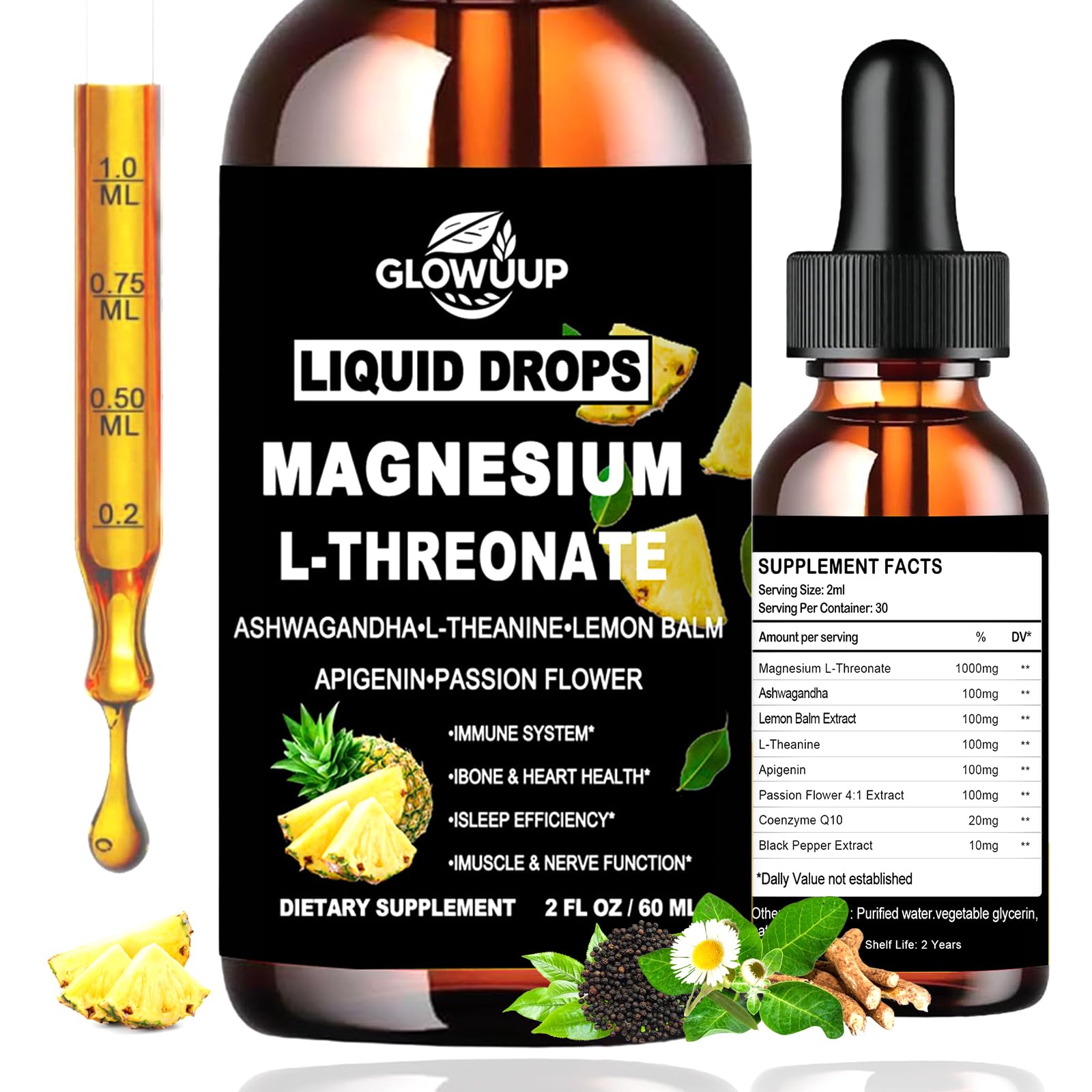 Bottle of Magnesium L-Threonate Liquid Drops with label