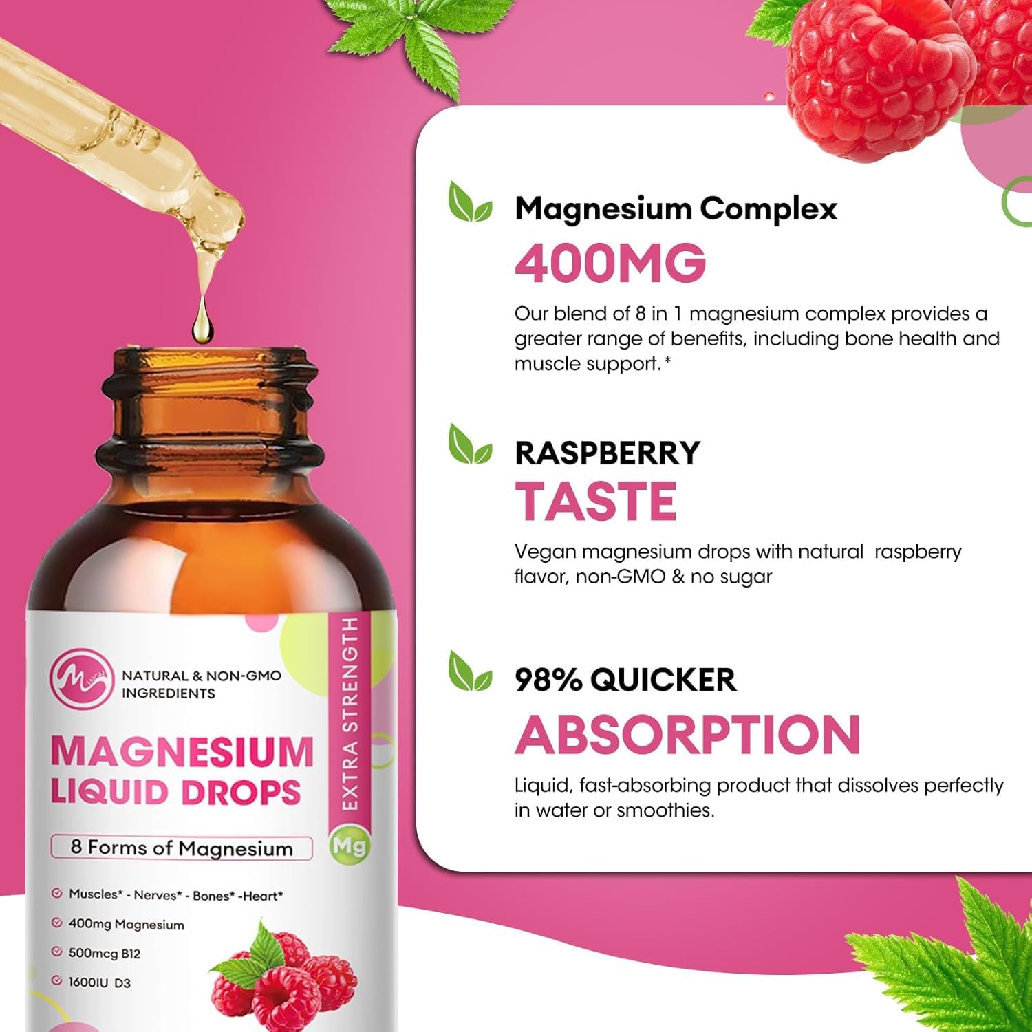 Close-up of dropper dispensing Raspberry magnesium liquid