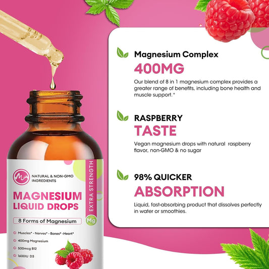 Close-up of dropper dispensing Raspberry magnesium liquid