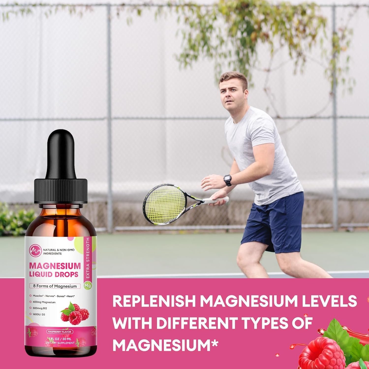Front view of Raspberry flavor Magnesium Liquid Drops bottle