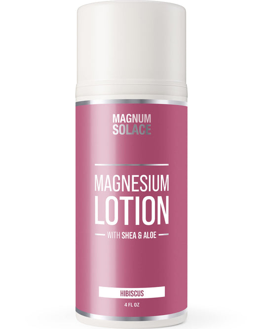 Magnesium lotion bottle with Aloe and Shea, Hibiscus scent, Made in USA