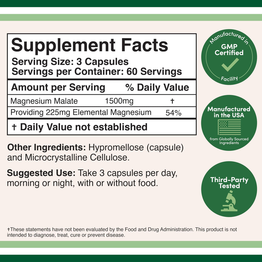 Close-up of Magnesium Malate Capsules label showing 1,500mg per serving