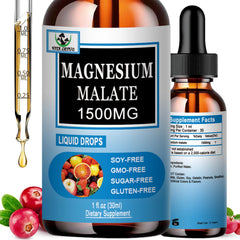 Magnesium Malate Liquid Drops bottle with dropper on white background.