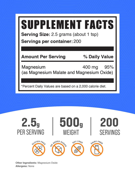 Magnesium Malate powder per serving containing 300 mg magnesium