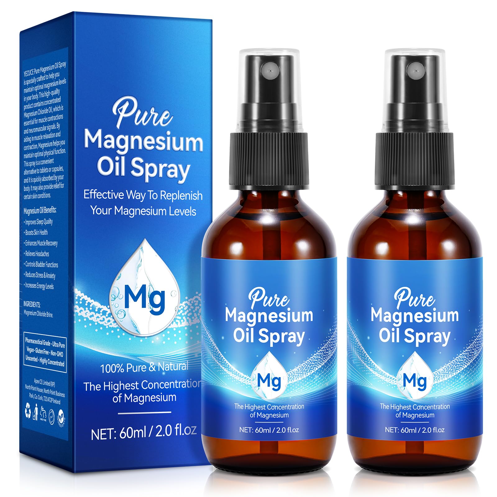 Glass bottle of Magnesium Oil Spray, 4 oz, pack of 2