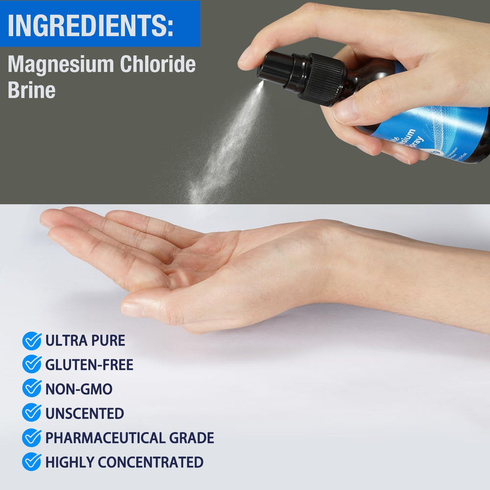 Hand applying magnesium oil spray to skin