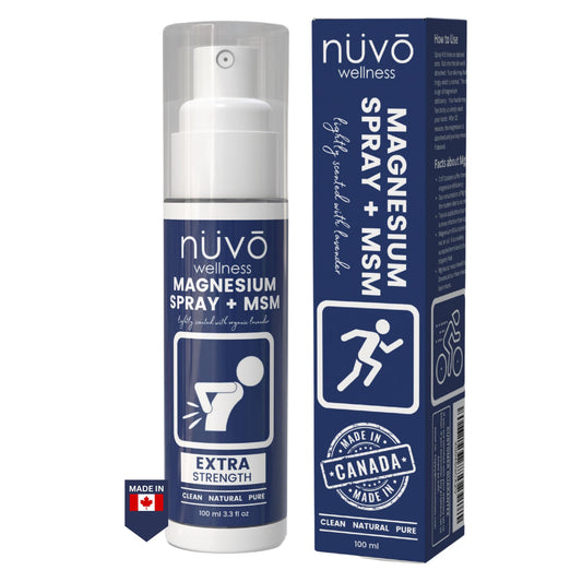Front view of 100 ml Magnesium Oil Spray with MSM in lavender packaging