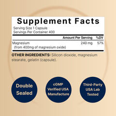 Back label showing supplement facts for Magnesium Oxide 400mg