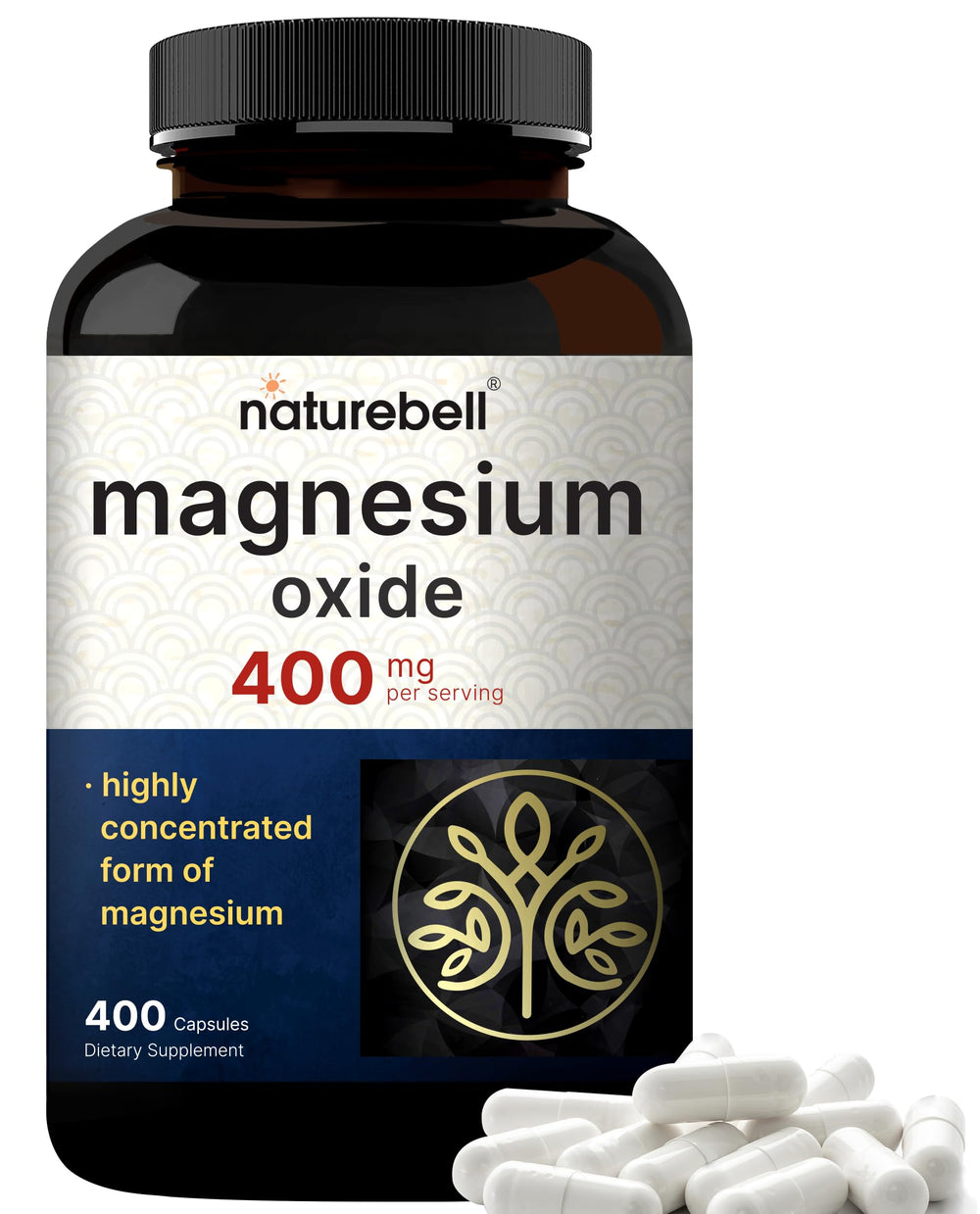 Front view of Magnesium Oxide 400mg bottle with 400-count capsules