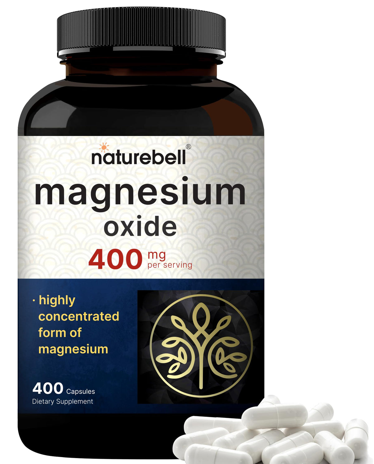 Front view of Magnesium Oxide 400mg bottle with 400-count capsules