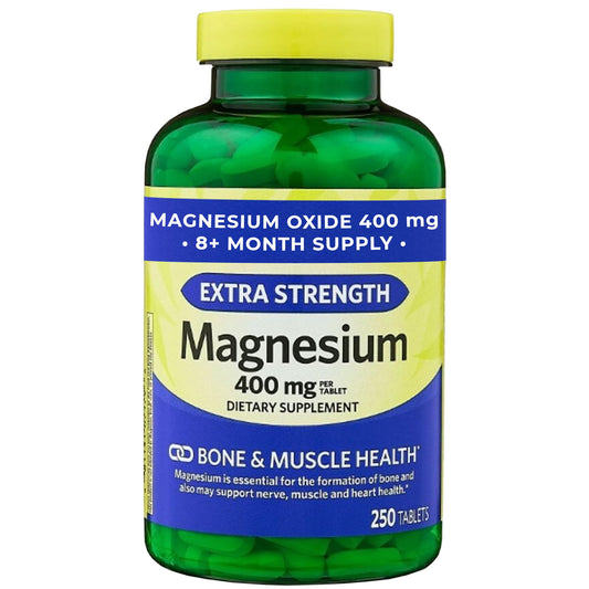 Front view of Magnesium Oxide 400mg supplement bottle