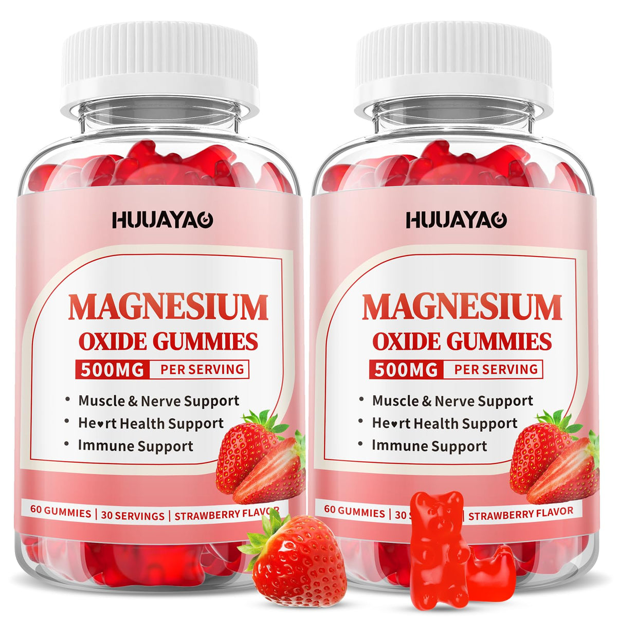 Front view of Magnesium Oxide Gummies 500mg Strawberry 120 count bottle