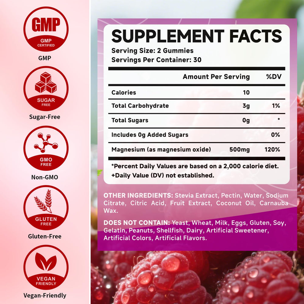 Nutrition label showing 500mg magnesium oxide per serving