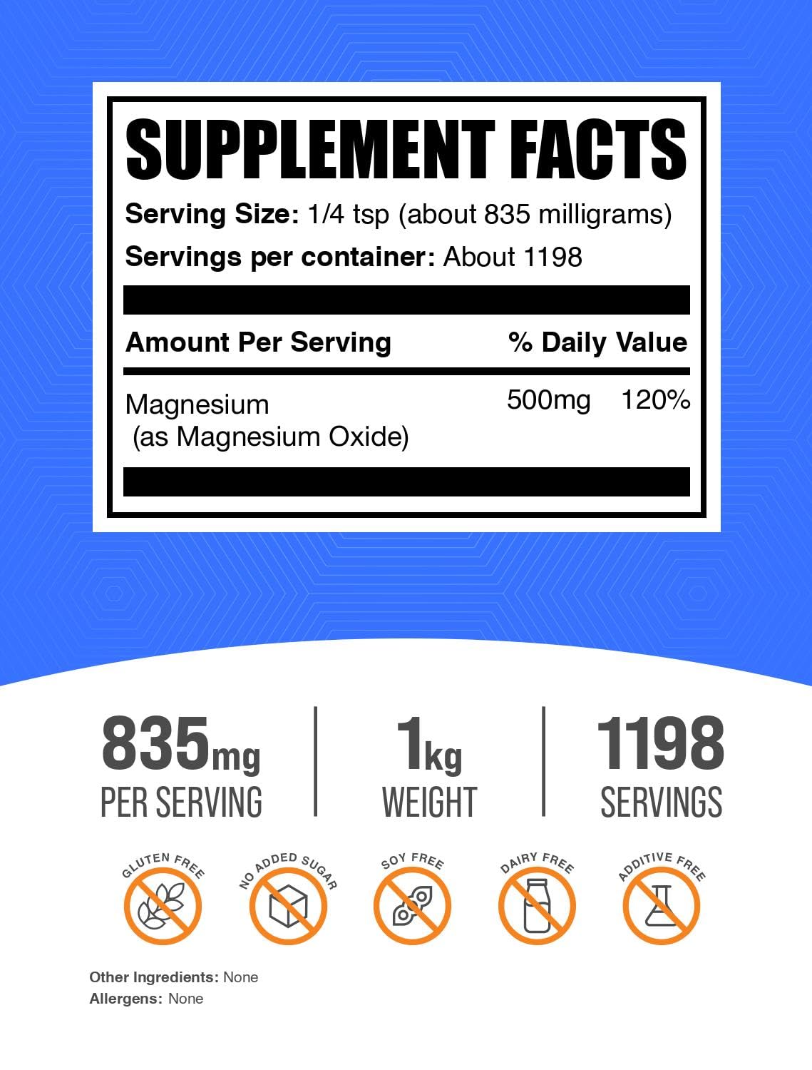 Magnesium Oxide Powder 835mg per serving label