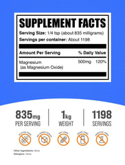 Magnesium Oxide Powder 835mg per serving label