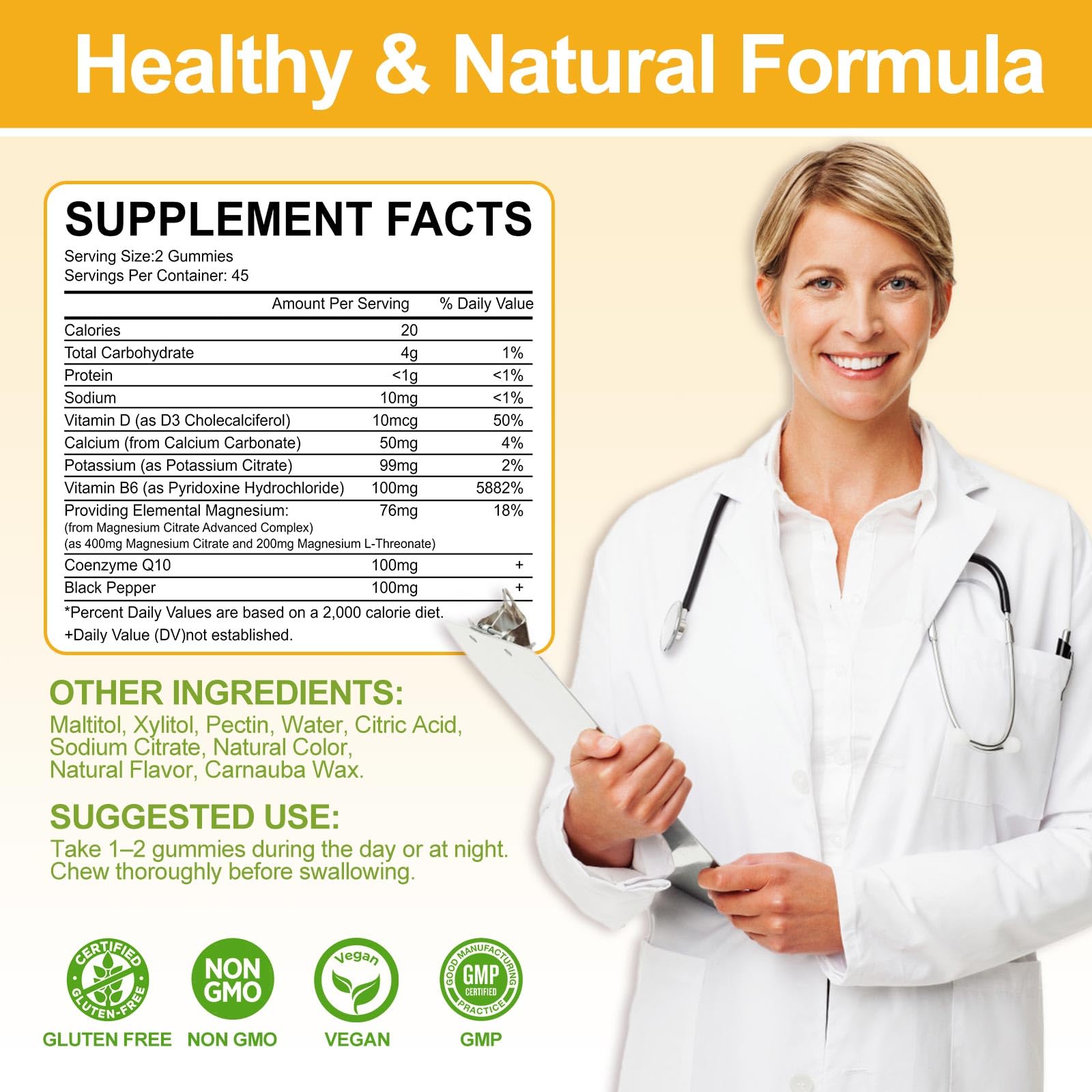 Supplement facts style image showing magnesium glycinate with D3, B6, potassium and calcium