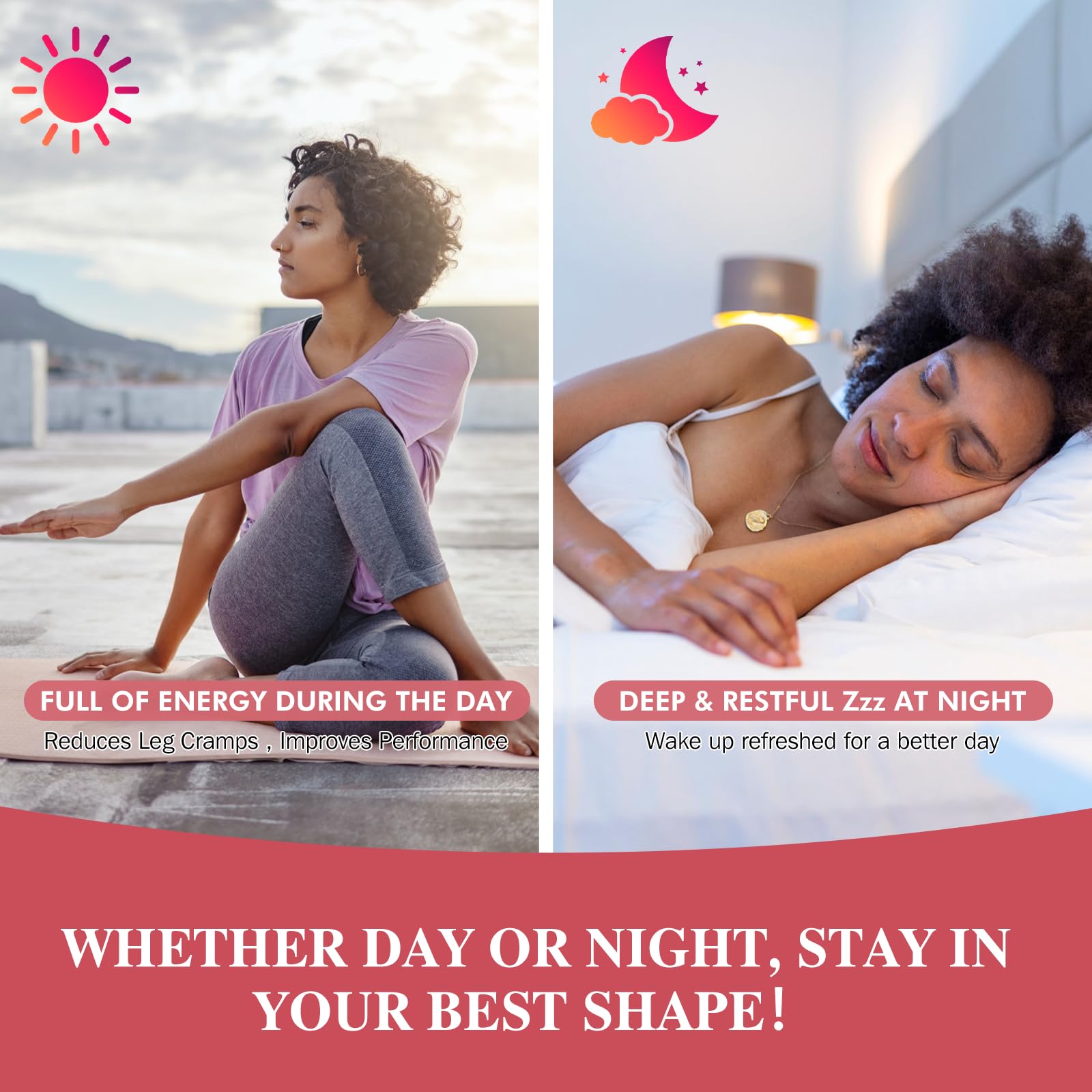 Icons representing sleep support and cramp relief with gummies