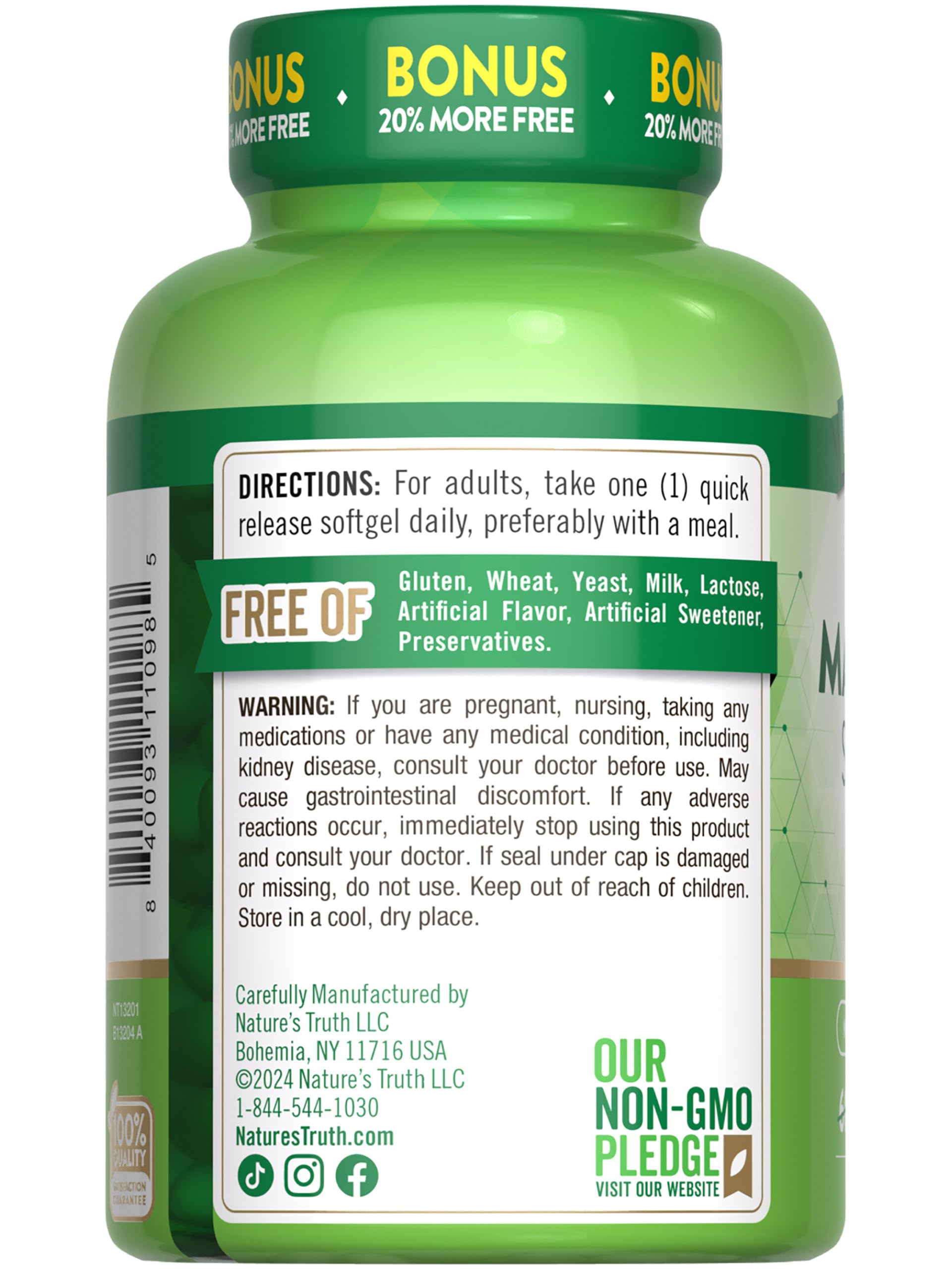 Supplement facts panel for Nature's Truth Magnesium