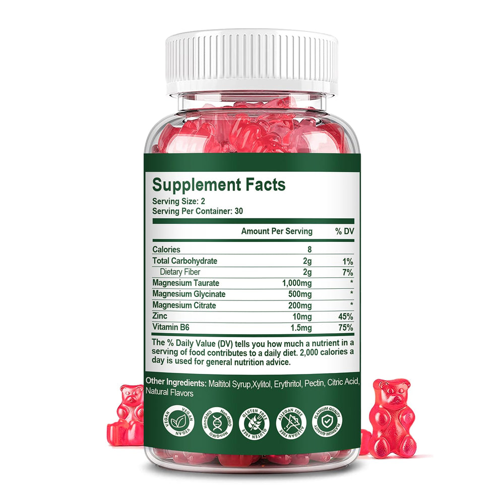 Close-up of gummies showing three forms: taurate, glycinate, citrate