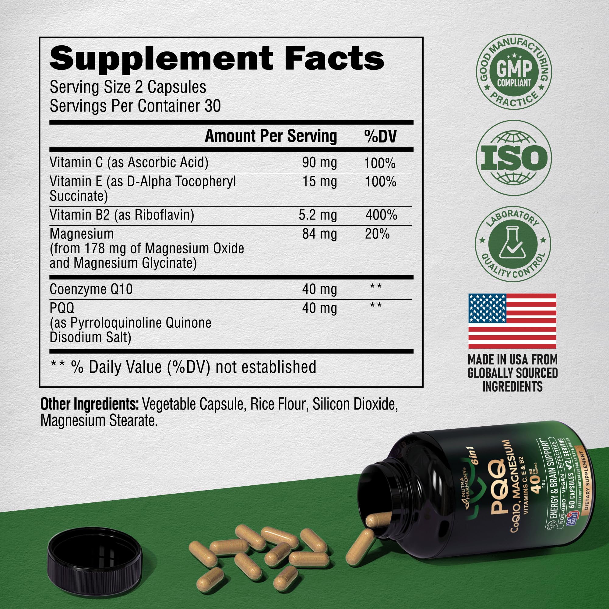 PQQ with CoQ10 supplement showing magnesium and vitamins