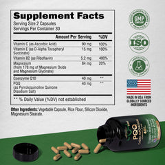 PQQ with CoQ10 supplement showing magnesium and vitamins