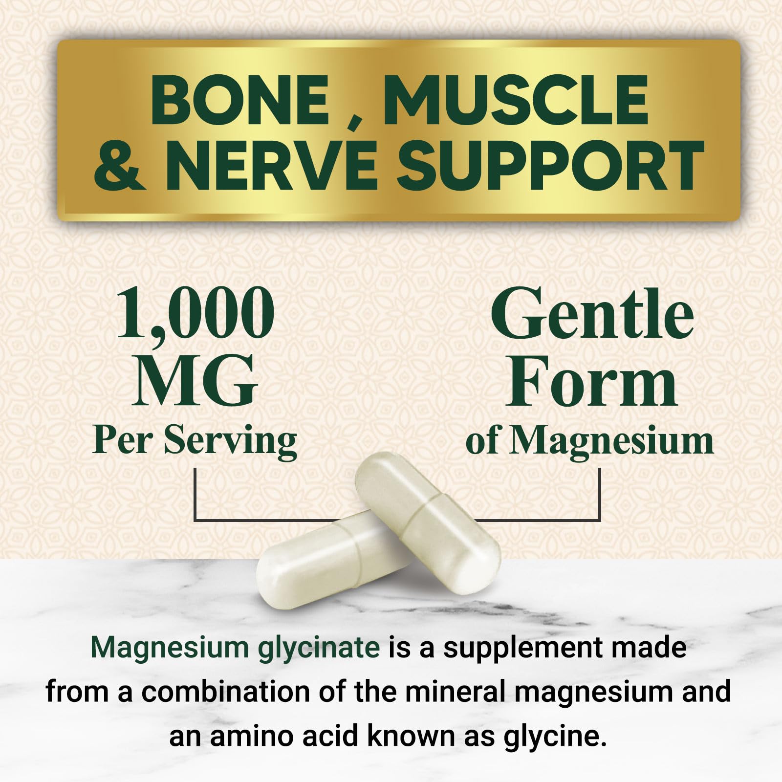 Supplement facts label for Magnesium Glycinate 1000mg