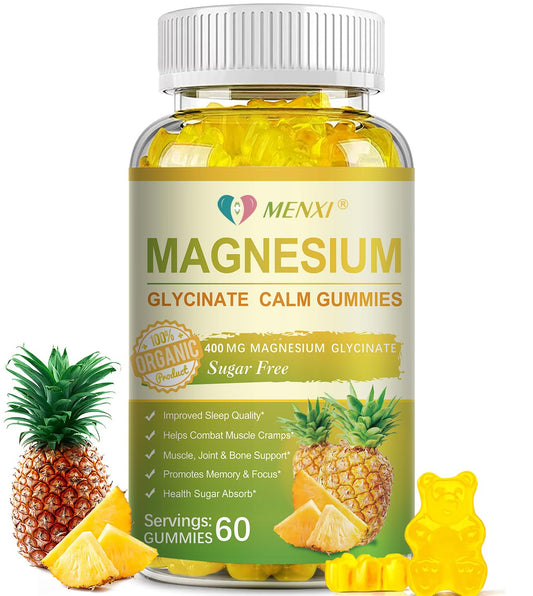 Bottle of Magnesium Glycinate Gummies pineapple flavor 400mg per serving, 60 gummies
