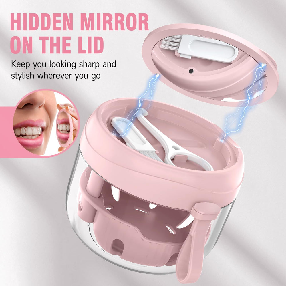 Magnetic hidden mirror in denture travel case