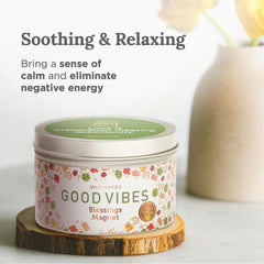 6 oz soy wax tin candle in a light brown container.