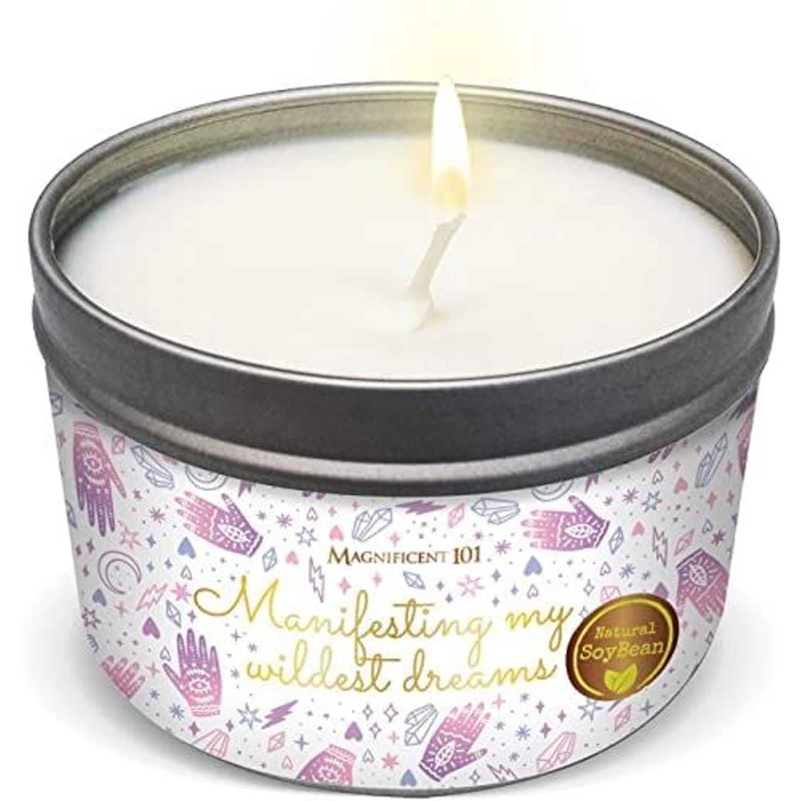 Magnificent 101 Affirmation Massage Candle 6oz white tin with sage & palo santo