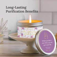 Close-up of 6oz soy massage candle in white tin