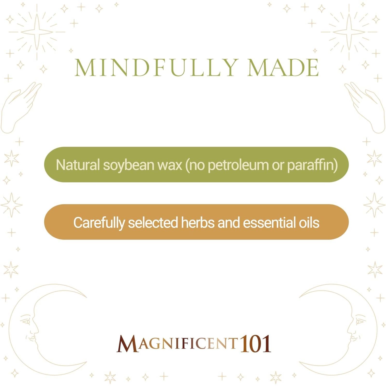 Product label and clean burn design of Magnificent 101 candle