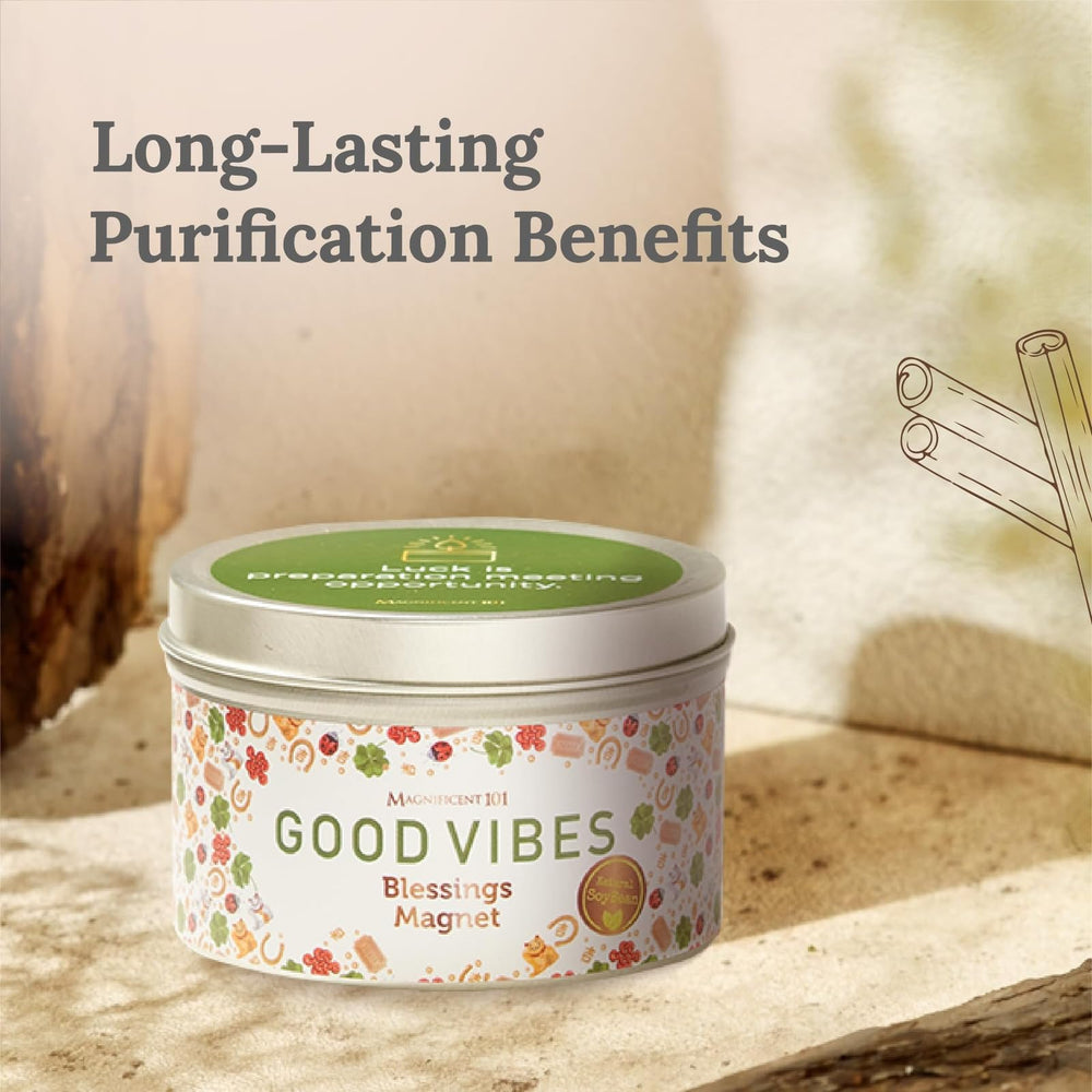 Close-up of the candle label featuring sage and sandalwood blend.