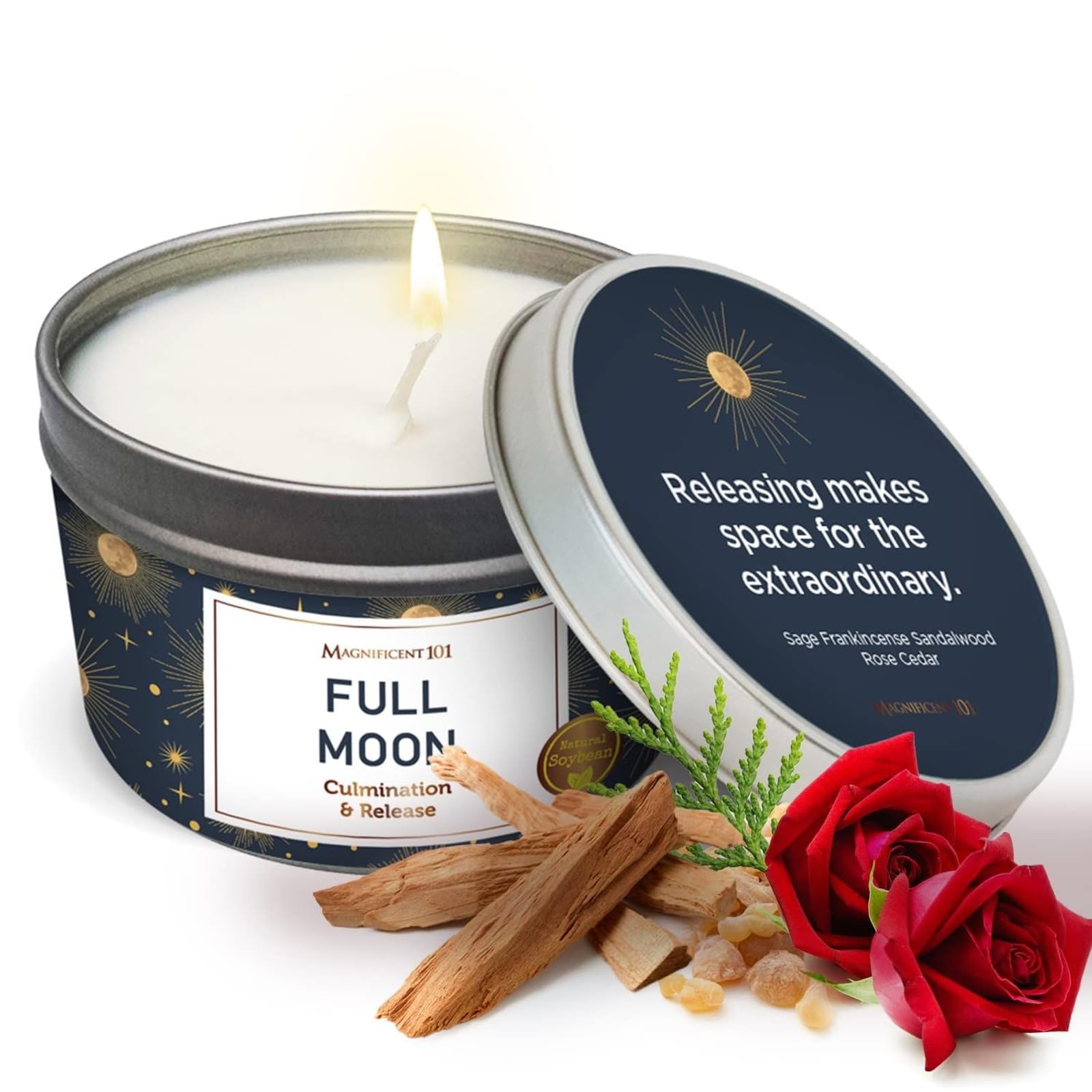 Magnificent 101 Full Moon Aromatherapy Candle 6 oz with Rose, Sage, Frankincense, Sandalwood and Cedar