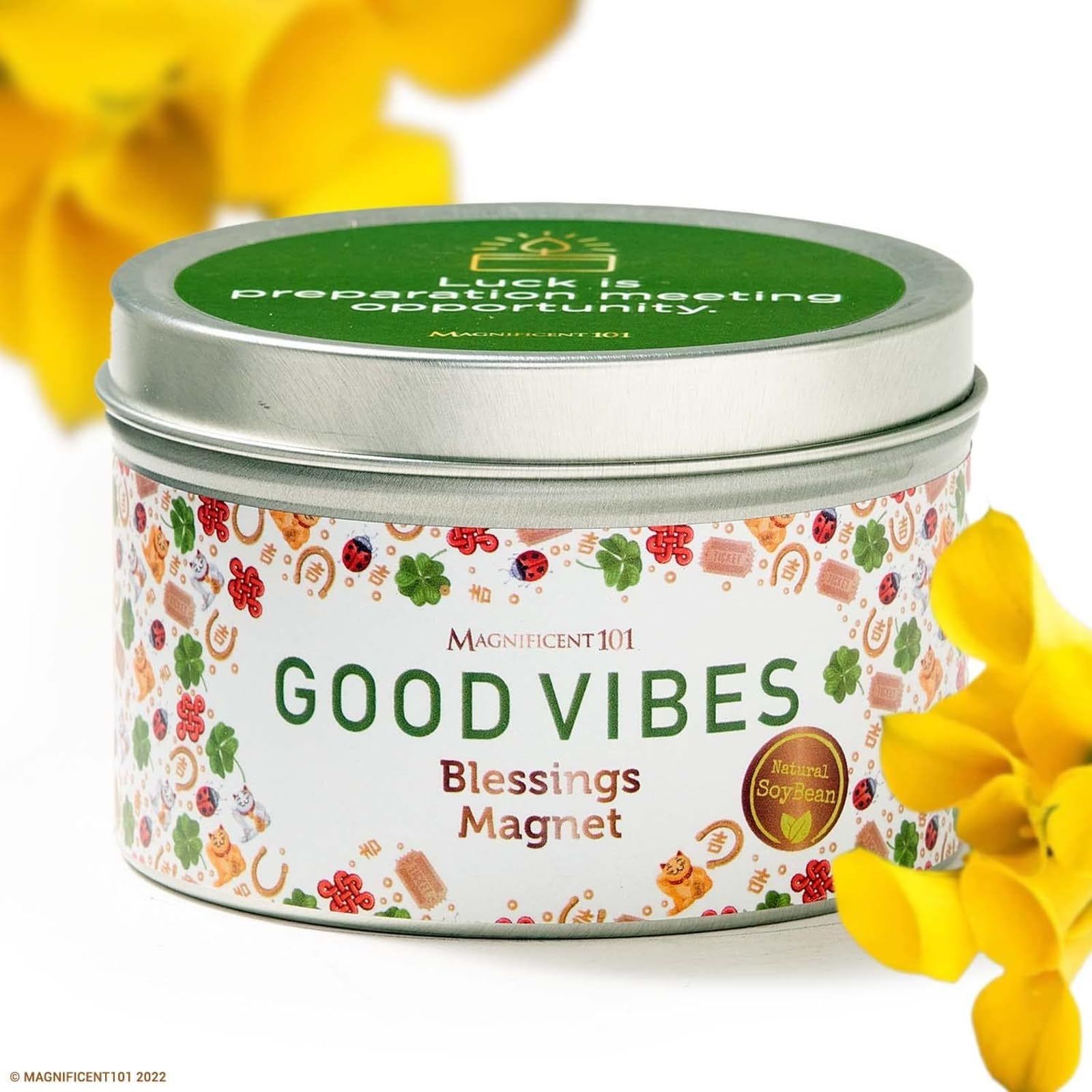 Magnificent 101 Good Vibes Manifestation Candle in a 6 oz light brown soy wax tin with sage and sandalwood.