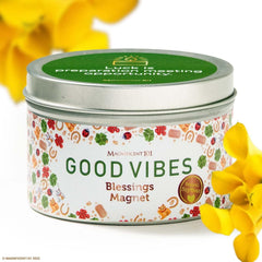 Magnificent 101 Good Vibes Manifestation Candle in a 6 oz light brown soy wax tin with sage and sandalwood.