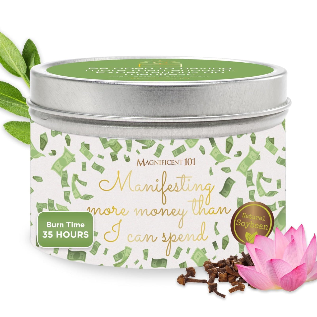 Magnificent 101 Manifest Money Candle 6oz white soy wax tin with product label