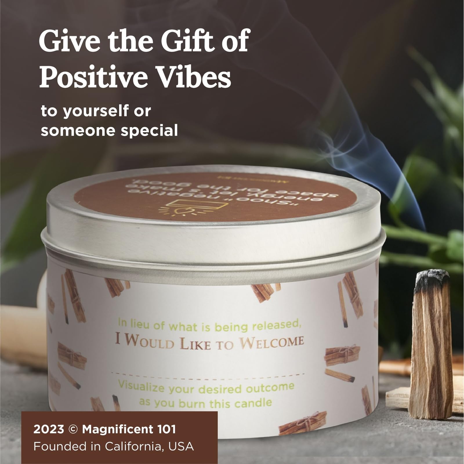 Gift-ready Magnificent 101 Palo Santo Candle with minimal packaging
