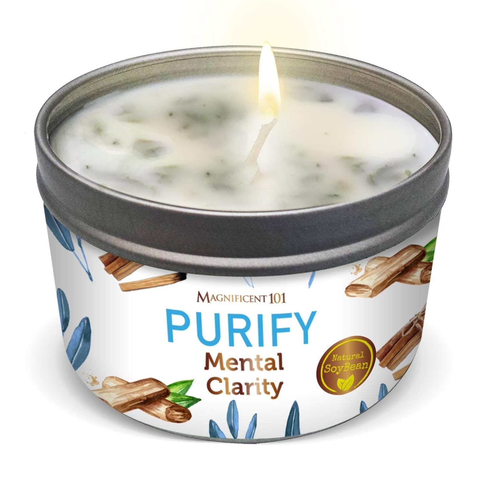 Magnificent 101 Sage Aromatherapy Candle in off-white tin, 6 oz