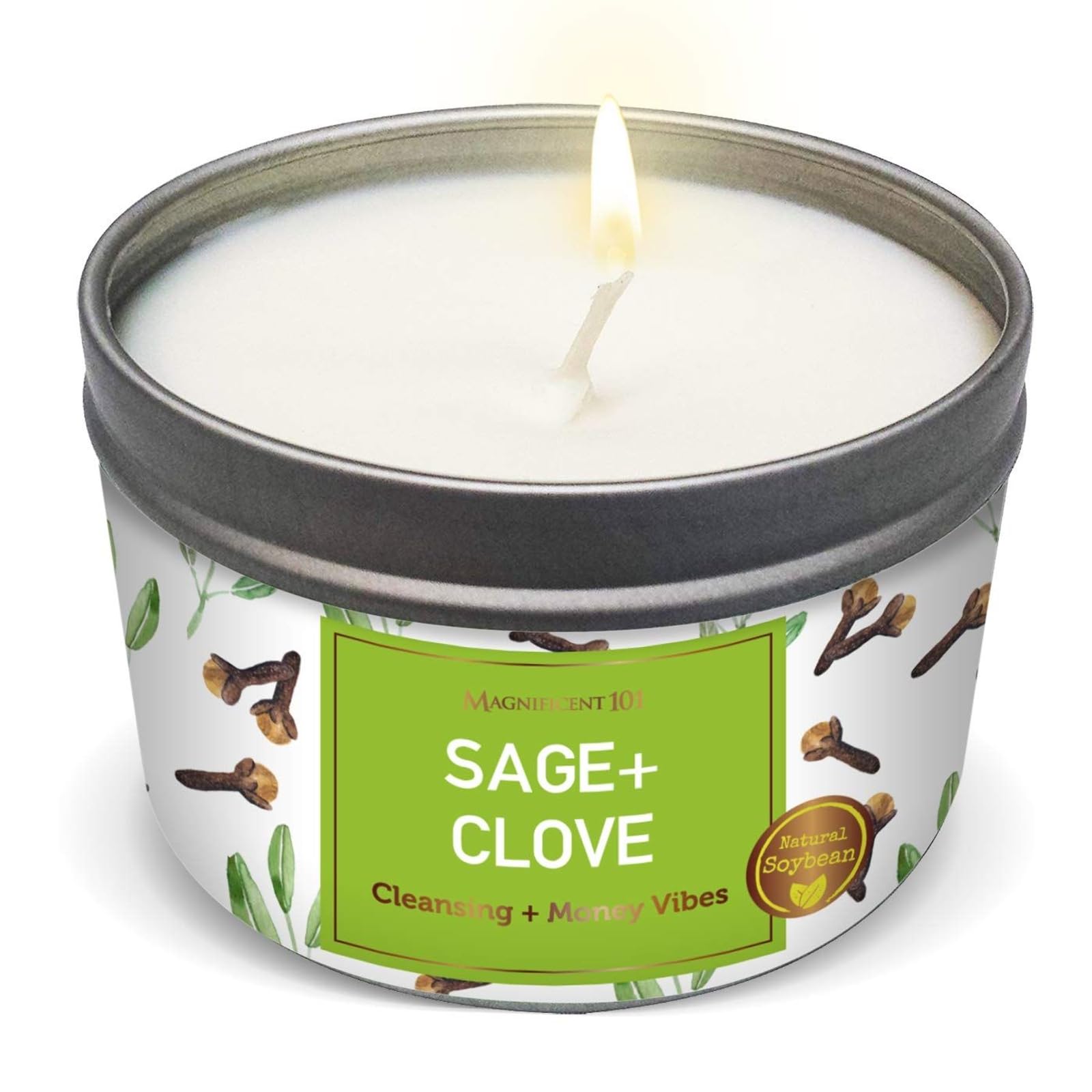 Magnificent 101 Sage & Clove Aromatherapy Candle, 6 oz white soy wax
