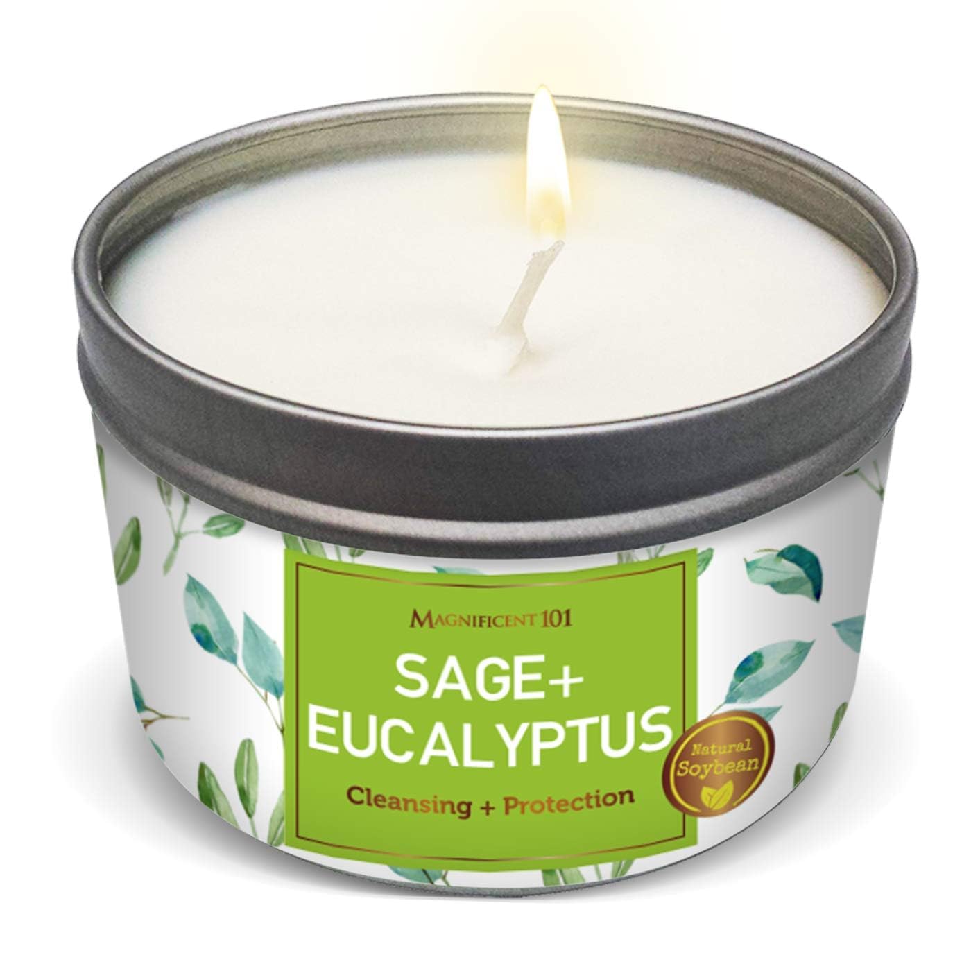 Front view of Magnificent 101 Sage + Eucalyptus candle in 6 oz