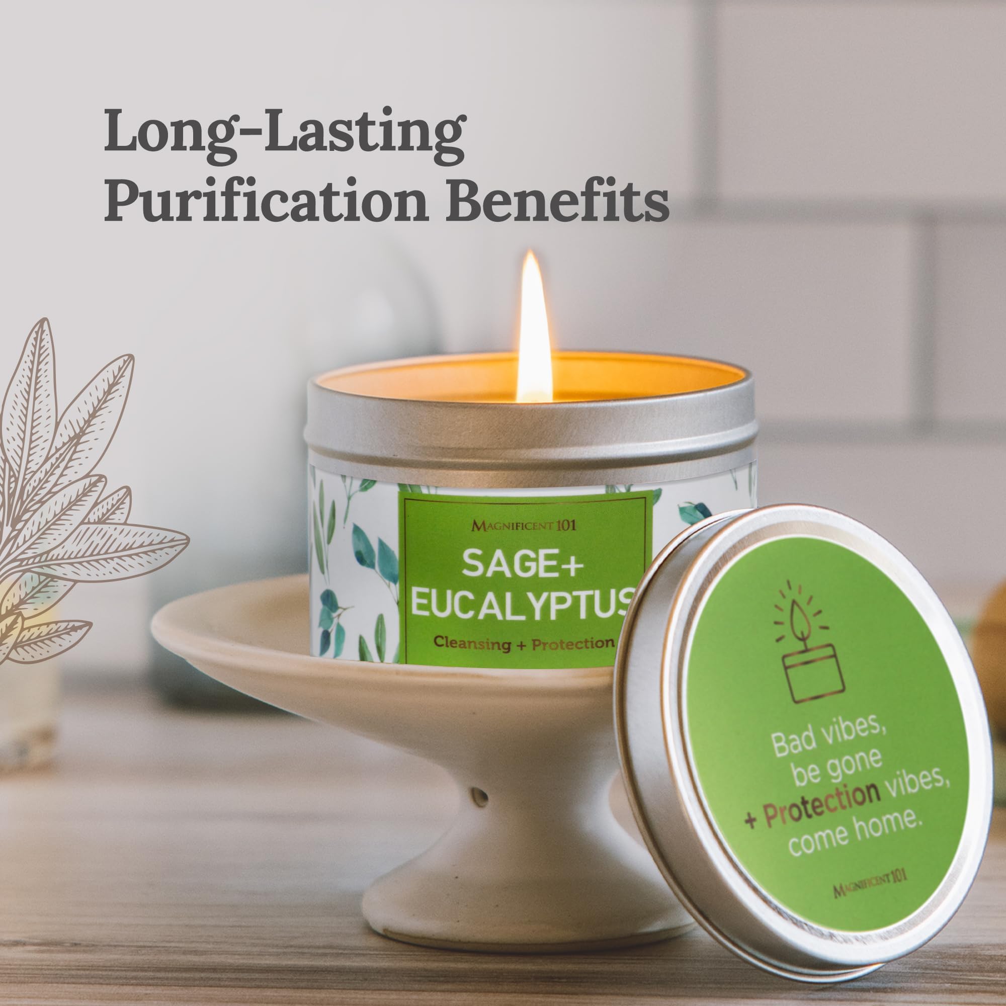 Close-up of Magnificent 101 Sage + Eucalyptus candle label