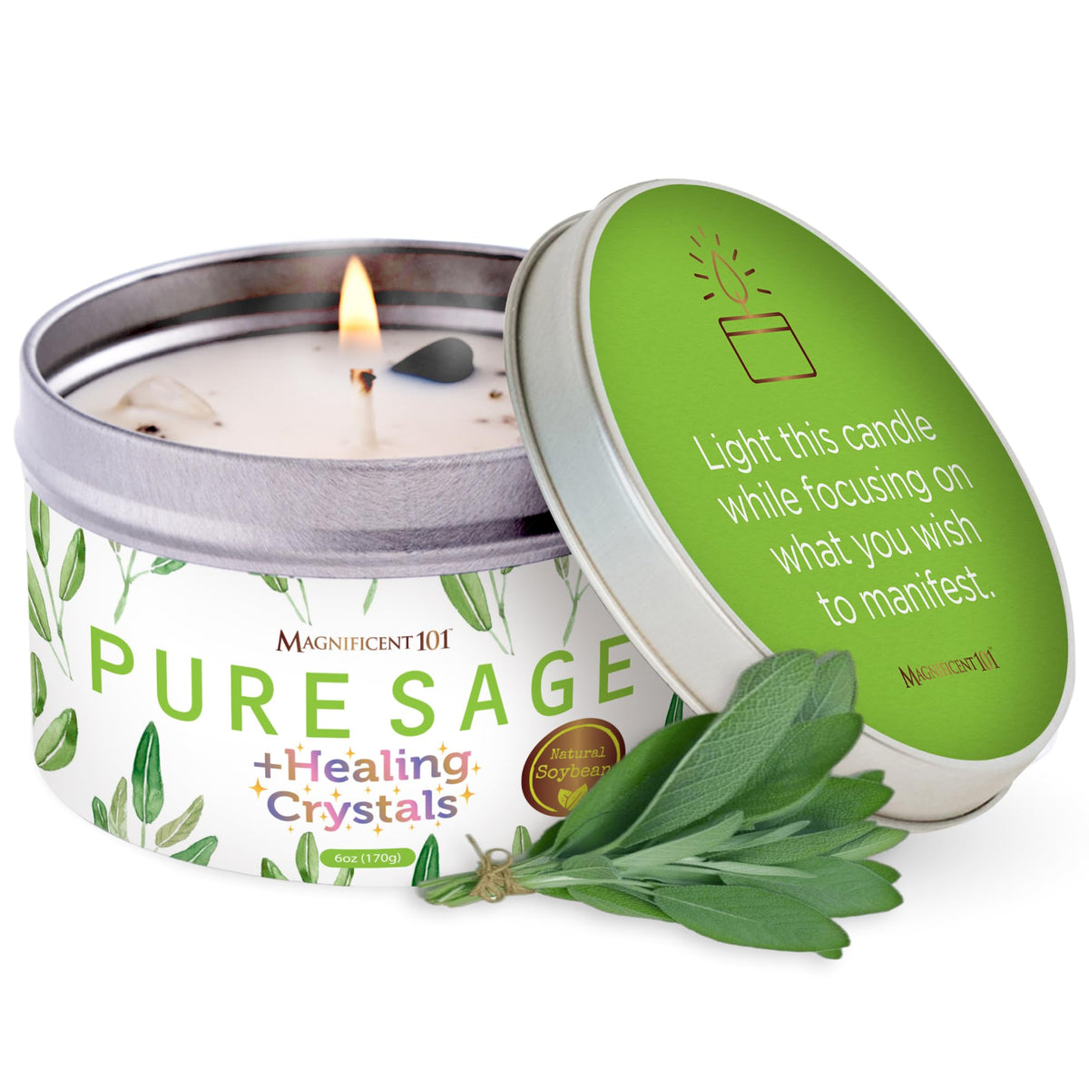 Magnificent 101 Sage Healing Crystals Candle - 6 oz with Rose Quartz and Amethyst